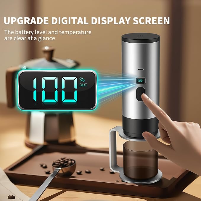 RQUOIRE 3-in-1 Portable Coffee Maker, Espresso Machine, Self-Heating Travel Coffee Maker Compatible with NS, DG Pods & Ground Coffee, Small Mini Espresso Machine for Car Camping, Hiking With Stand
