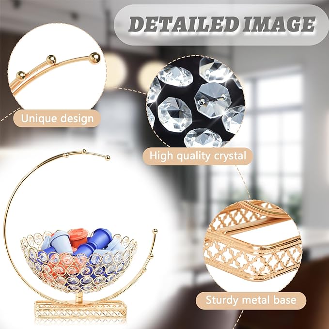 Metal & Crystal Coffee Pod Holder & Candy Basket - Elegant Multipurpose Storage Organizer for K Cups, Espresso Pods, Treats - Kitchen, Office, Home Bar (Gold, 2 PCS)