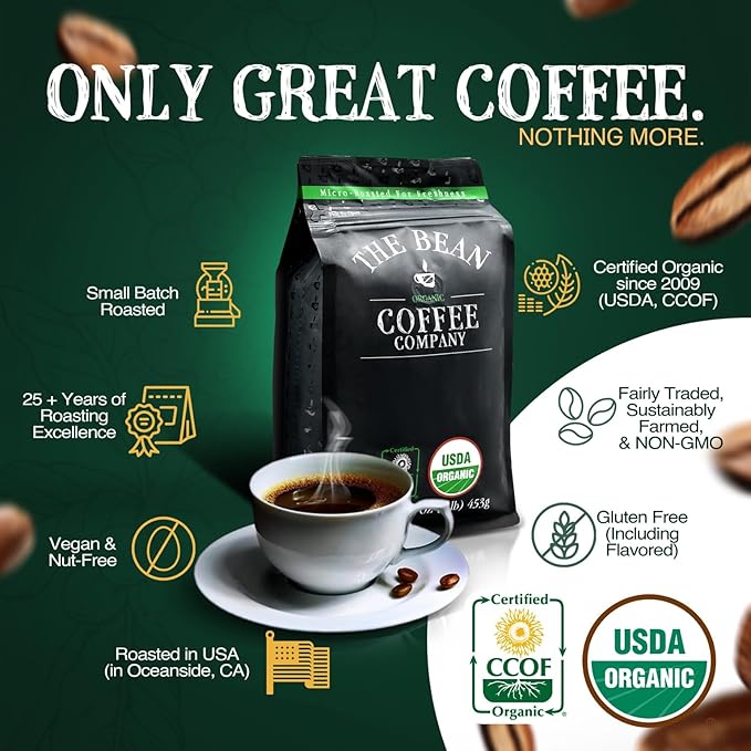 The Bean Organic Coffee Company Premium Espresso, Dark Roast, Whole Bean Coffee, 16-Ounce Bags (Pack of 2)