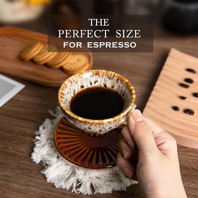 YINUOWEI 2 oz Espresso Cups Set of 6, Ceramic Cappuccino Cups with Saucers, Stackable Coffee Cup for Macchiato, Single shot, Tea, Coffee Lover Gifts, Glazed White