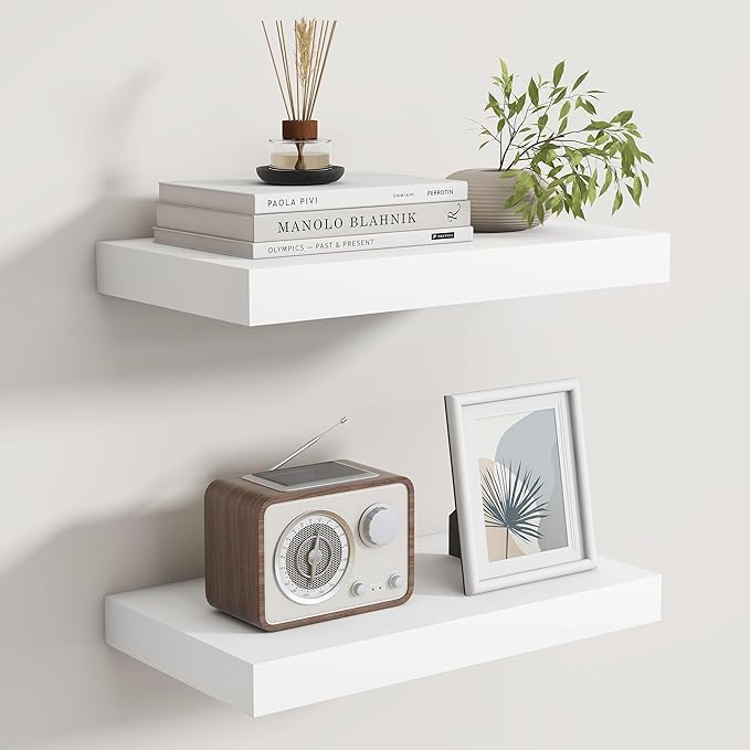 Floating Shelves for Wall, Real Wood Floating Shelf Set of 2, 8 Inch Deep Floating Shelves, Rustic Wood Wall Shelf for Home Decor, Deep Storage Shelves for Bathroom, Kitchen, 16"W x 8"D, White Color