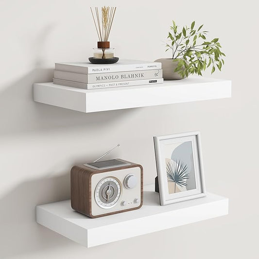 Floating Shelves for Wall, Real Wood Floating Shelf Set of 2, 8 Inch Deep Floating Shelves, Rustic Wood Wall Shelf for Home Decor, Deep Storage Shelves for Bathroom, Kitchen, 16"W x 8"D, White Color