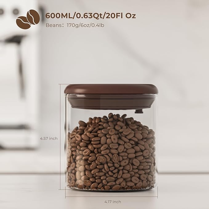 Clear Glass Coffee Container 2-Pack with Pop Lids & Valves - Airtight Canister for Freshness, See-Through Pantry Organization - Storage for Coffee Beans, Cereal & Dry Food, 6OZ Countertop Jar