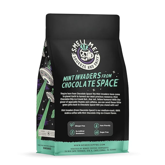 Bones Coffee Company Mint Invaders, Mint Chocolate Chip Flavored Coffee, Medium Roast Low Acid Arabica Beans Compatible with Auto drip and French Press Coffee Maker, 12 Oz Whole Bean