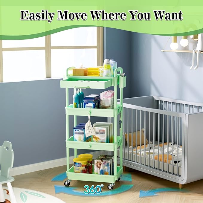 4 Tier Rolling Utility Cart with Drawer, Storage Organizer Cart with 2 Lockable Wheels, Multifunctional Rolling Storage Cart for Bathroom, Kitchen, Craft, Makeup, Baby Essentials, Green