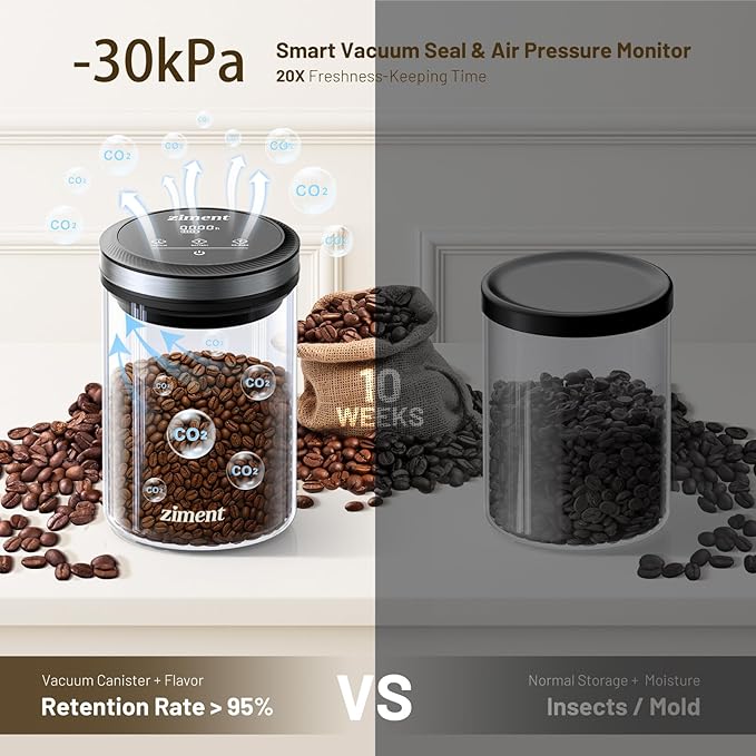 1.6L Smart Vacuum Coffee Canister, Airtight Glass Storage Container, Intelligent Air Pressure Adjustment, 4000 Hours Long Standby Time, Holds 1.1 lb/500g Coffee Beans, Tore Pasta, Snacks, Nuts