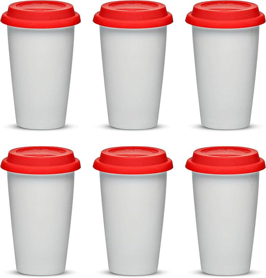 DISCOUNT PROMOS 11 oz. Double Wall Ceramic Tumblers with Lid - 6 Pack - Red