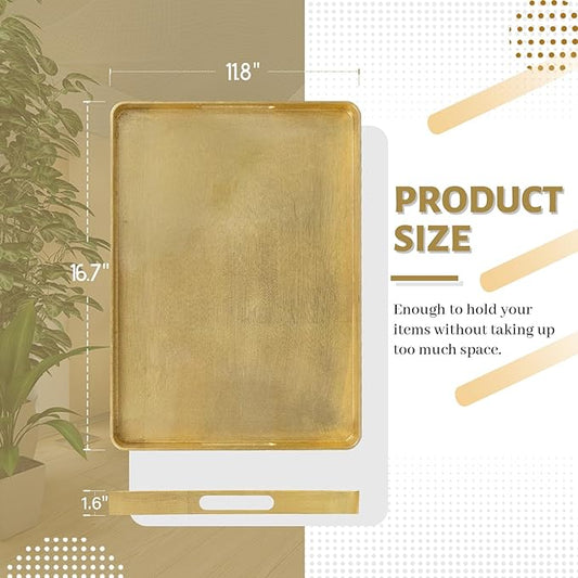 MAONAME Gold Decorative Tray with Handles, Foil Serving Tray for Ottoman, Rectangular Coffee Trays for Living Room, Bathroom, 16.7" L x 11.8" W x 1.6" H