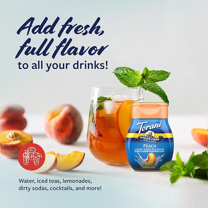 Torani Sugar Free Peach Liquid Drink Enhancer, Water Flavoring 2-Pack, 1.62 Oz Ea