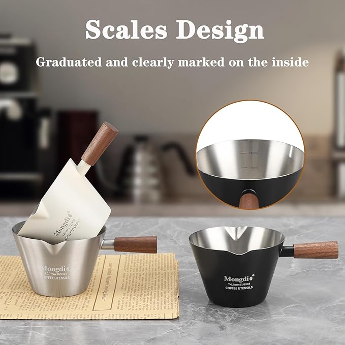 Mongdio Espresso Measuring Cup, Stainless Steel Espresso Shot Cups with Wooden Handle and Double Spouts, 6.8OZ/200ML, Silver