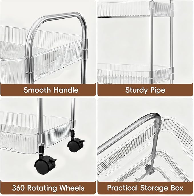 3 Tier Rolling Cart with Lockable Wheels, Clear Acrylic Utility Trolley with Handle, Heavy-Duty Storage Organizer for Kitchen Bathroom Nursery Laundry - Snack Book Craft Organizer (Clear)