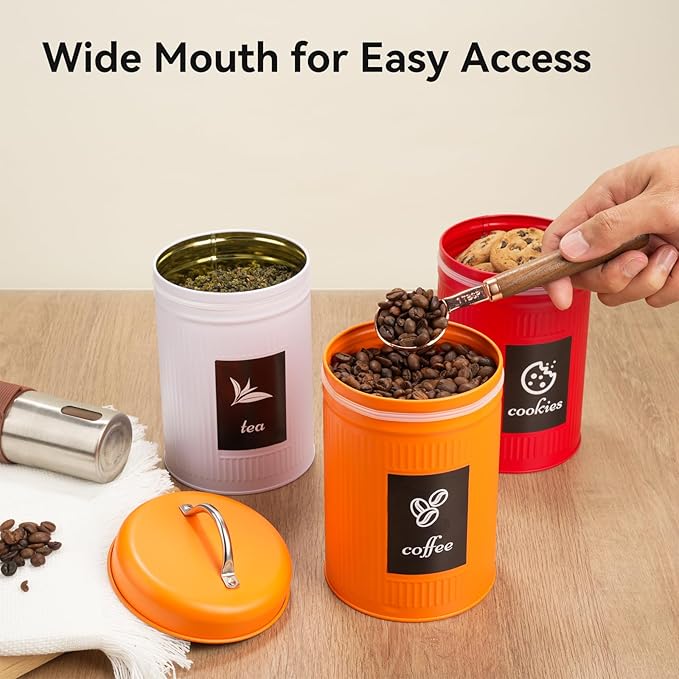 Farmhouse Coffee Canister Storage Container, 42 Oz Vintage Coffee Bean Airtight Jar with Lids, Food Tins with 12 Label Stickers, Kitchen Counter Pantry Organization for Candy Sugar Cookie Tea