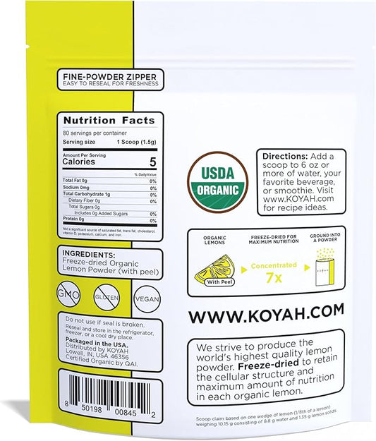 KOYAH - Organic Lemon Powder (with Peel) - 80 Servings (1 Scoop = 1 Lemon Wedge), USA & Mexico Grown Lemons, Freeze-Dried