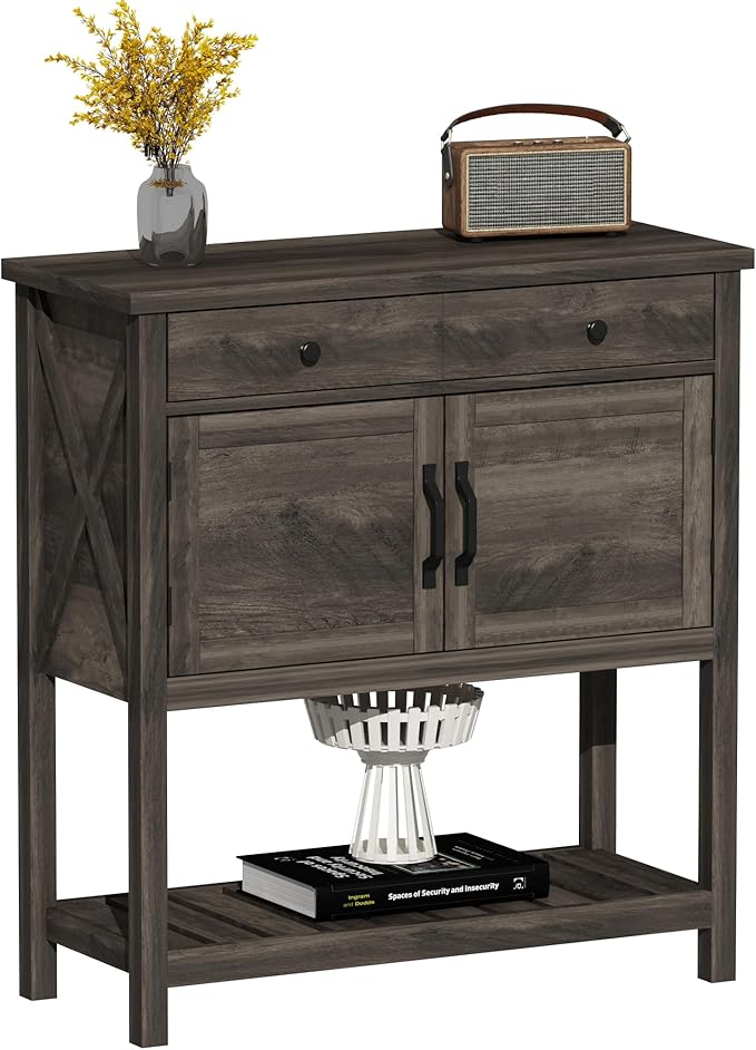 ChooChoo Farmhouse Console Table, Entryway Table with Storage Shelf, Coffee Bar Cabinet, Narrow Buffet Sideboard for Kitchen, Hallway, Living Room, Ash Gray