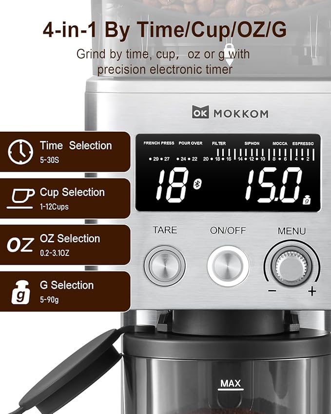 MOKKOM Coffee Grinder with Removable Coffee Scale, Anti-static Conical Burr Coffee Bean Grinder, 31 Precise Settings for French Press/Cold Brew/Pour Over/Drip/Espresso