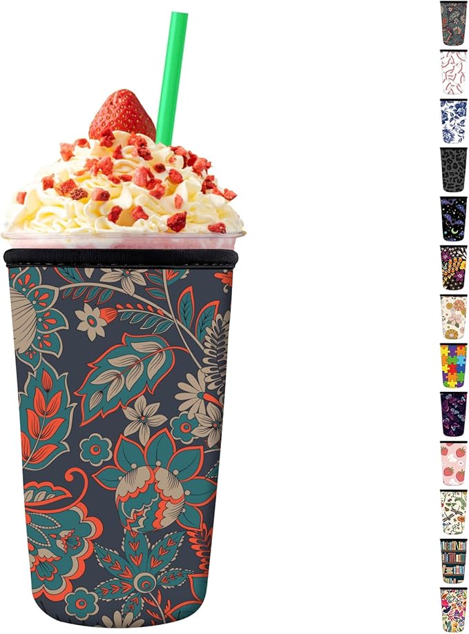 Reusable Neoprene Insulator Sleeve for Iced Coffee Cups, Medium 22-28oz Durable Drink Sleeve for Cold Beverages, Cute Beverage Holder Cup Sleeve for Women Men Boho Paisley