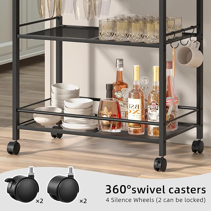 Bar Cart, Home Bar Serving Cart with 3-Tier Shelf,Microwave Cart with Lockable Wheels,Mobile Kitchen Shelf,Rolling Beverage Cart with Wine Rack and Glass Holder for Kitchen,Dinning Room,Black