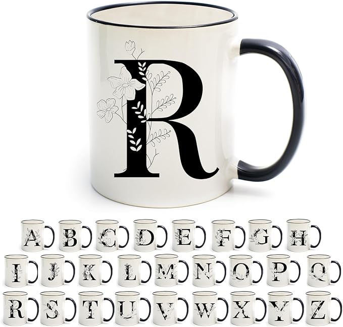 Monogram Ceramic Coffee Mugs, 11 oz Initial Drinking Cup with Gift Box, Unique Birthday Christmas Gifts for Women Wife Mothers Day Grandma Mom Aunt, R