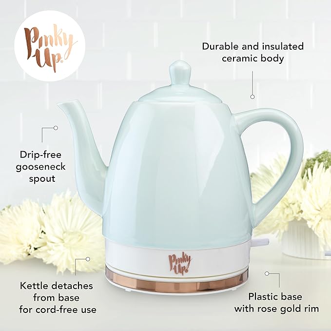 Pinky Up Noelle 1.5 L Ceramic Gooseneck Spout Electric Tea Kettle with Temperature Control - Cordless Design for Boiling Water Pot, Mint, Rose Gold