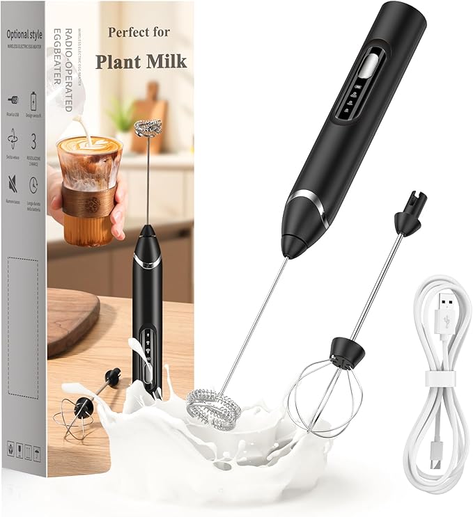 Rechargeable Plant Milk Frother Handheld, Coffee Milk Frother 3 Speed Portable Electric Foam Maker with 2 Detachable Stainless Steel Whisks for Plant-Based Milk Oat Almond Latte Cappuccino Matcha