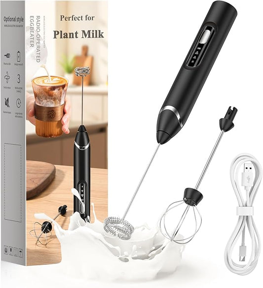 Rechargeable Plant Milk Frother Handheld, Coffee Milk Frother 3 Speed Portable Electric Foam Maker with 2 Detachable Stainless Steel Whisks for Plant-Based Milk Oat Almond Latte Cappuccino Matcha