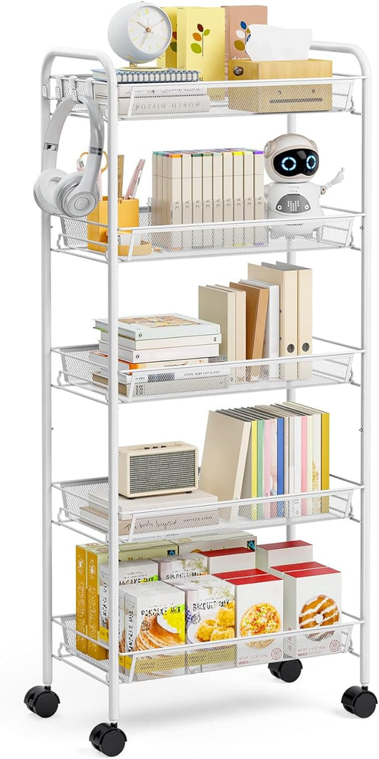 TOOLF 5-Tier Rolling Cart, Metal Utility Cart with 3 Hooks, Easy Assemble Mobile Storage Trolley On Wheels, Metal Shelving Units Kitchen Bathroom Laundry Room
