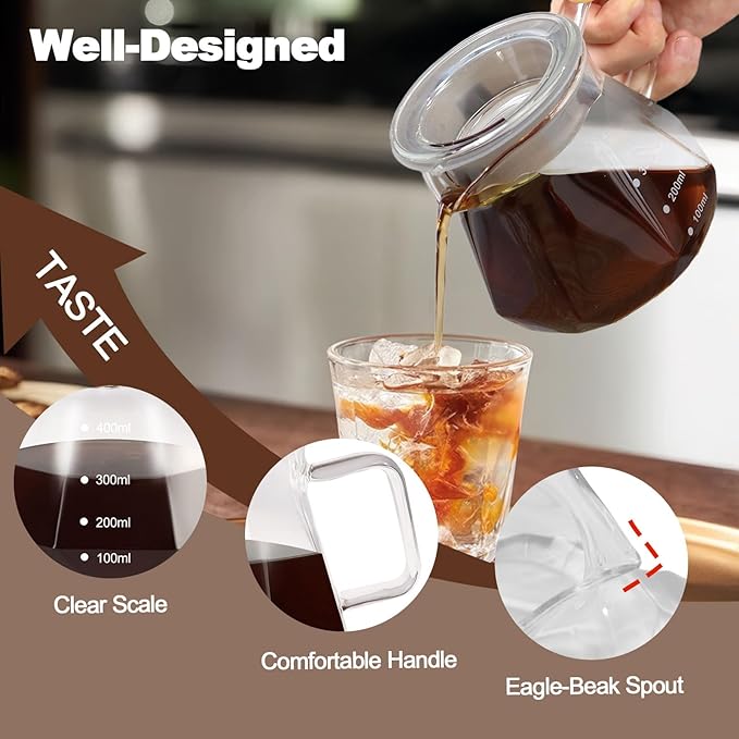 Pour Over Coffee Maker Set 400ml 13.5oz Portable with 50 Pcs Filter Paper Glass Coffee Maker High Borosilicate Glass Eagle Beak Spout Design Walnut Wood Base for Pour Over for Daily Brewing