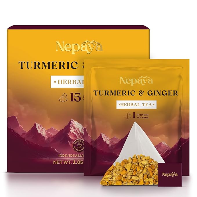 Nepaya Turmeric Ginger Herbal Tea – 15 Pyramid Tea Bags, Biodegradable, Caffeine-Free, Warm & Spicy, Himalayan Blend, Gluten-Free