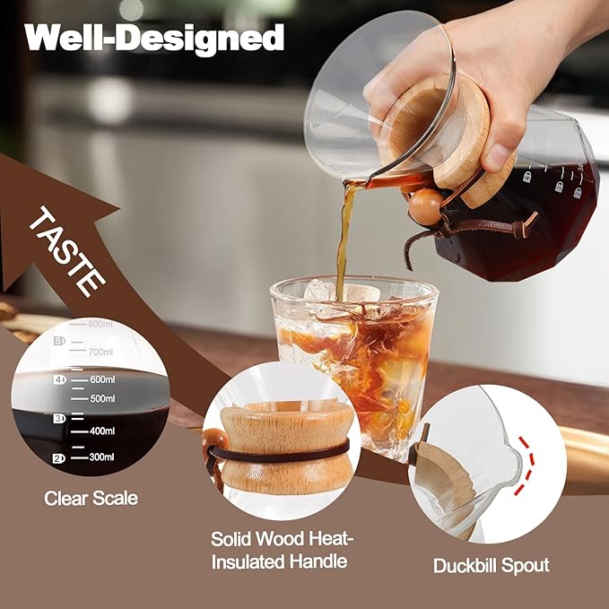 Pour Over Coffee Maker 800ml 27.1oz Glass Drip Coffee Maker with 304 Stainless Steel Filter High Borosilicate Glass Duckbill Spout Solid Wood Handle Pour Over Coffee Dripper for Daily Brewing