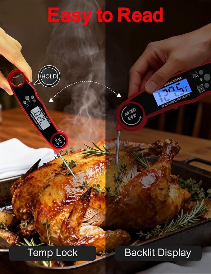 Olwaiy Meat Thermometer Digital, Instant Read Food Thermometer for Cooking Grill BBQ Fryer, Waterproof & Backlit Display Digital Meat Thermometer - Kitchen Gadgets, Turkey Thermometer