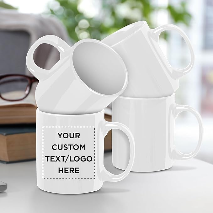 Custom Ceramic Coffee Mugs 11 oz. Set of 50, Personalized Bulk Pack - Coffee cup set, Iced coffee cup, Gaming mug - White