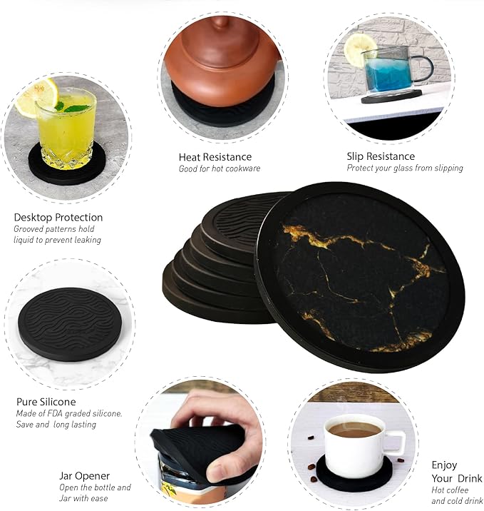 Set of 6 Non-Slip Silicone Coasters with Holder, Double-Sided Absorbent for Hot/Cold Drinks, Scratch & Water Ring Protection for Wood Tables, Home Office Bar, Black Gold Marble (Black Gold Pattern)