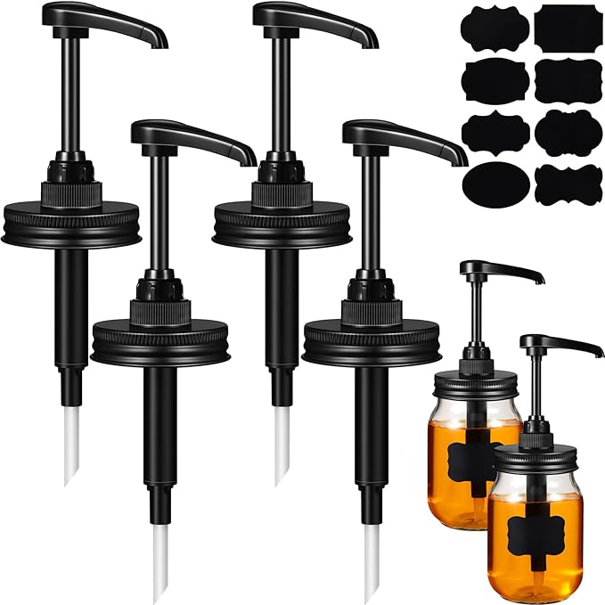 Meanplan 4 Pack Mason Canning Jar Syrup Dispenser Coffee Syrup Dispenser Pump Lids Set with Labels and Pen Honey Pump for 16 oz Regular Mouth Mason Canning Jars