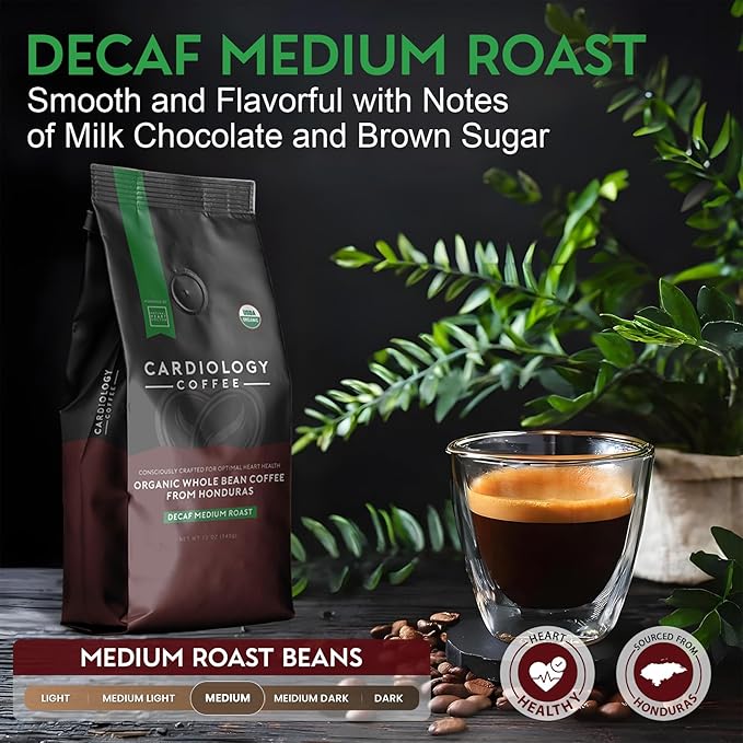 Cardiology Coffee – Decaf Coffee Beans – USDA Certified 12oz Premium Whole Bean Coffee Medium Roast – Decaf Espresso Beans with Swiss Water Decaf and Antioxidant Benefits – Heart Healthy Lifestyle