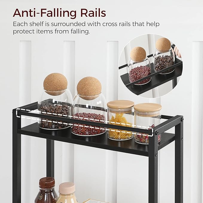 Slim Rolling Cart, Mobile Kitchen Cart on Wheels, Narrow Storage Cart for Small Space, Wooden Service Cart, for Bathroom, Laundry, Living Room, Black RCHB1501