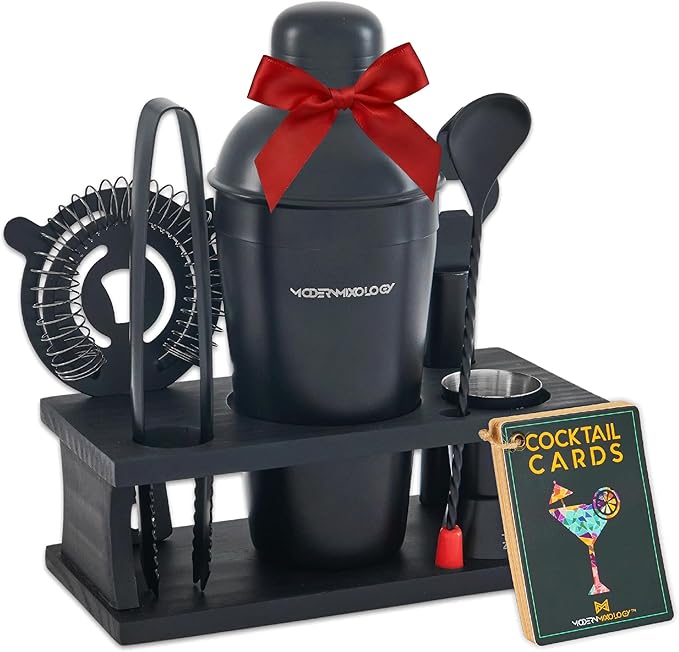 Modern Mixology Cocktail Shaker Set - 8 Piece Bartender Kit on Quality Pine Stand | Complete Cocktail Kit Gift Set | Top Bartender Gifts for Men | Leak Proof Design (Black)