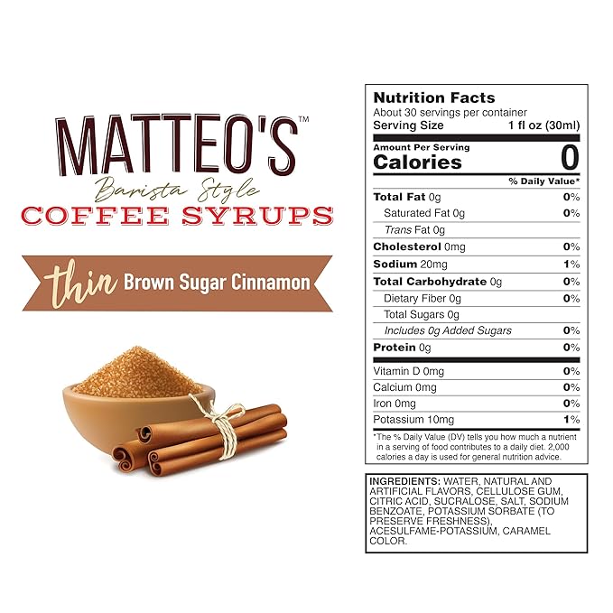 Matteo's Brown Sugar Cinnamon Syrup for Coffee, Lattes, Cappuccinos & Desserts – Sugar-Free Sweetener for Beverages, Keto Friendly, Zero Calories, Indulgent Flavor, Non-Alcoholic, 33.8oz (6pk)