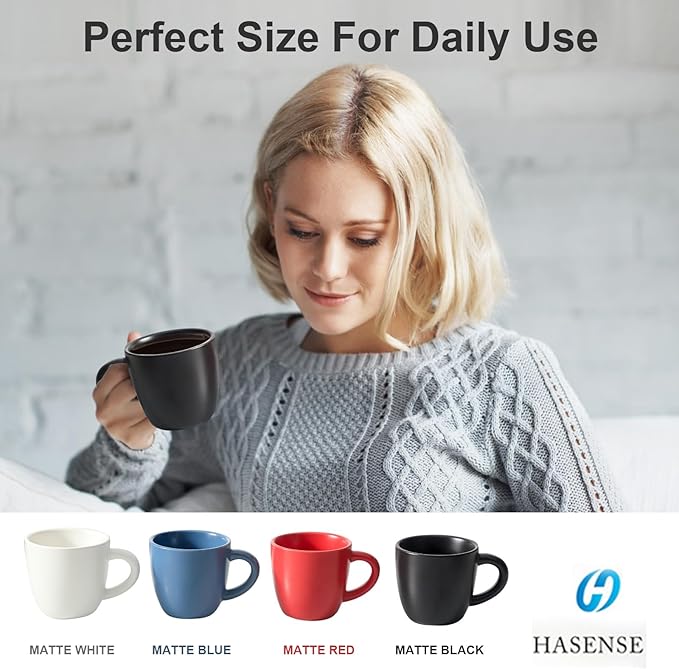 HASENSE 7 Ounce Cappuccino Cups Set of 4 Perfect for Latte, Americano, Cafe Mocha and Tea, Ceramic Coffee Cups Ideal for Party Cafe Home and Kitchen, Microwave and Dishwasher safe, Black