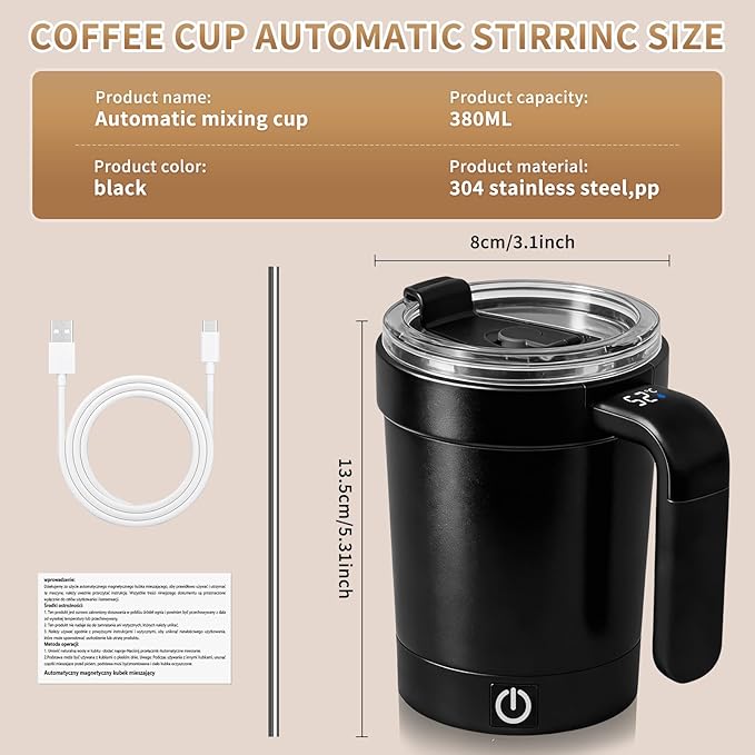 2026 Upgraded Stirring Coffee Mug,With LCD Temperature Display,Rechargeable Automatic Magnetic Stirring Coffee Mug,304 Stainless Steel,for tea/Hot Chocolate/Milk Ideal Gift for Coffee Lovers (Black)