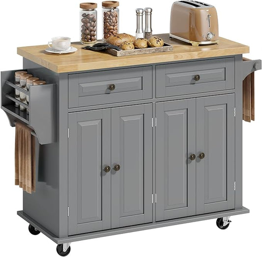 HOMCOM Kitchen Island Cart with Rubber Wood Top, Rolling Kitchen Island Table on Wheels with Drawers, Adjustable Shelves, Spice Rack and Towel Rack for Dining Room, Gray