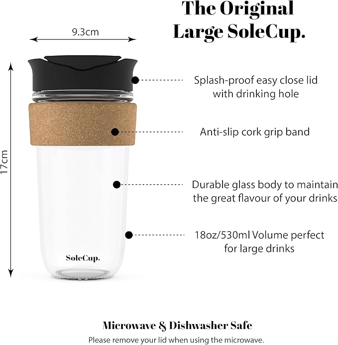 Large Travel Mug - Reusable Insulated Coffee Mug - 18oz/530ml BPA-Free Hot Drink Travel Mug with Lid & Cork Band (Black, 18oz)