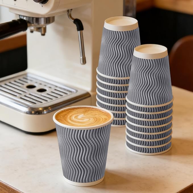 BYSNOW 100 Pack 8 oz Coffee Cups with Lids, Disposable Insulated Hot Cups To Go Paper Coffee Cups, Corrugated Ripple Wall Cup for Hot Drink, Office, Coffee Bar (Grey 8 oz)