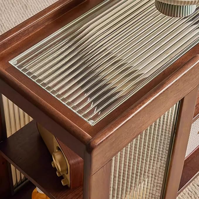 Side Table Glass Top Movable End Table Coffee Station Table, MDF Coffee Bar Stand Cart with Storage Coffee Table on Wheels,for Home Kitchen, Entryway, Living Room,Dining Room