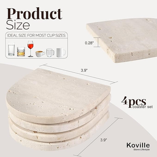 Koville Travertine Coaster Set of 4, Natural Marble Coasters for Drinks, 4" Stone Coasters Modern Arch Shape Heat Resistant, Decorative Marble Coaster for Table Home Decor(Beige)