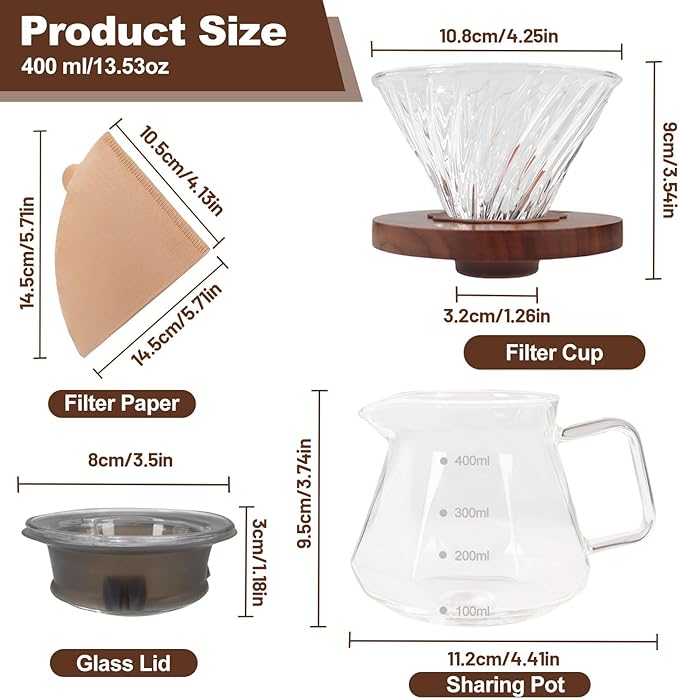 Pour Over Coffee Maker Set 400ml 13.5oz Portable with 50 Pcs Filter Paper Glass Coffee Maker High Borosilicate Glass Eagle Beak Spout Design Walnut Wood Base for Pour Over for Daily Brewing