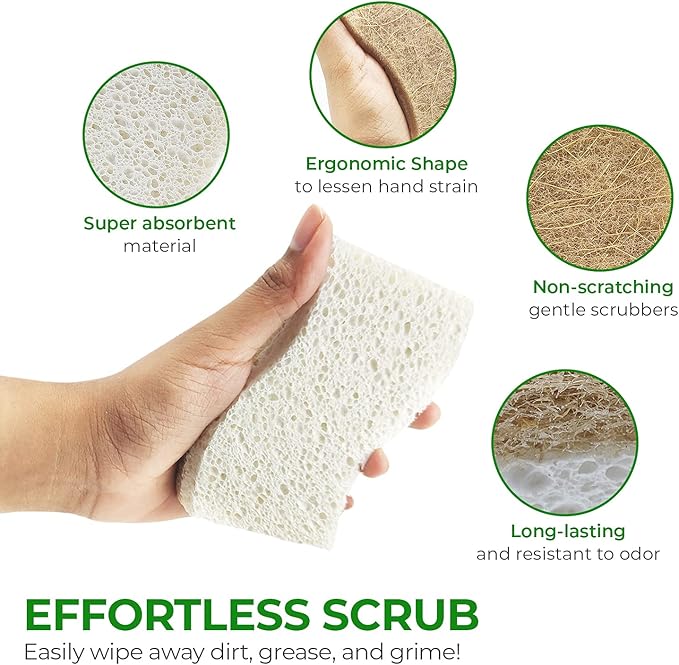 AIRNEX Biodegradable Natural Kitchen Sponge - Compostable Cellulose and Coconut Walnut Scrubber Sponge (6 Pack)