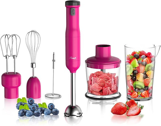 Rosewill 6-in-1 Multi-Speed Cordless Rechargeable Immersion Hand Blender, Heavy Duty Motor - Stick Blender, Beaker, Whisk, Chopper, Dual Beater, Milk Frother - For Smoothies, Baby Food, Soup - Rose