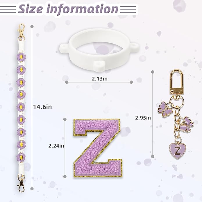 Compatible with Owala Water Bottle Accessories, Cute Letter Charm Set with Boho Handle Strap, Monogram Sticker, Silicone Ring, Keychain Decoration, for FreeSip 24 32 40oz, Owala Kids, Tumbler Gift