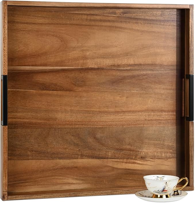 Large Ottoman Tray for Living Room and Coffee Table, Decorative Acacia Wood Serving Tray with Handles for Breakfast in Bed, Dinner Food Kitchen TV (Natural, 22" x 22" x 2")