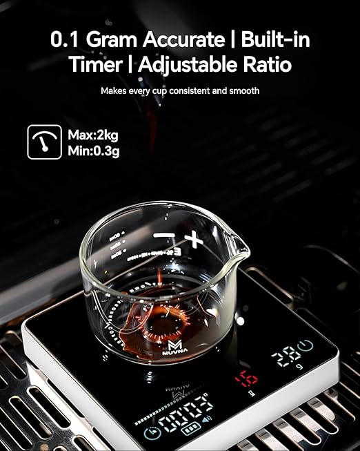 MUVNA Digital Coffee Scale with Timer - Mini Espresso Scale with Flow Rate Indicator & Brew Ratio, 4 Smart Modes Rechargeable 2kg/0.1g Precision Scale for Pour Over, Kitchen, Matcha, White